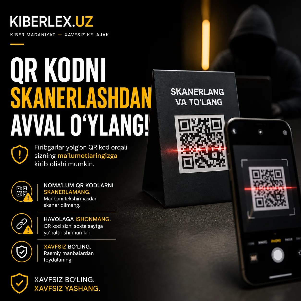 Kamera obyektivi orqali ko'rinmagan xavf ham xavf bo'lib qoladi — QR kodni skanerlashdan oldin manbasini so'rang.