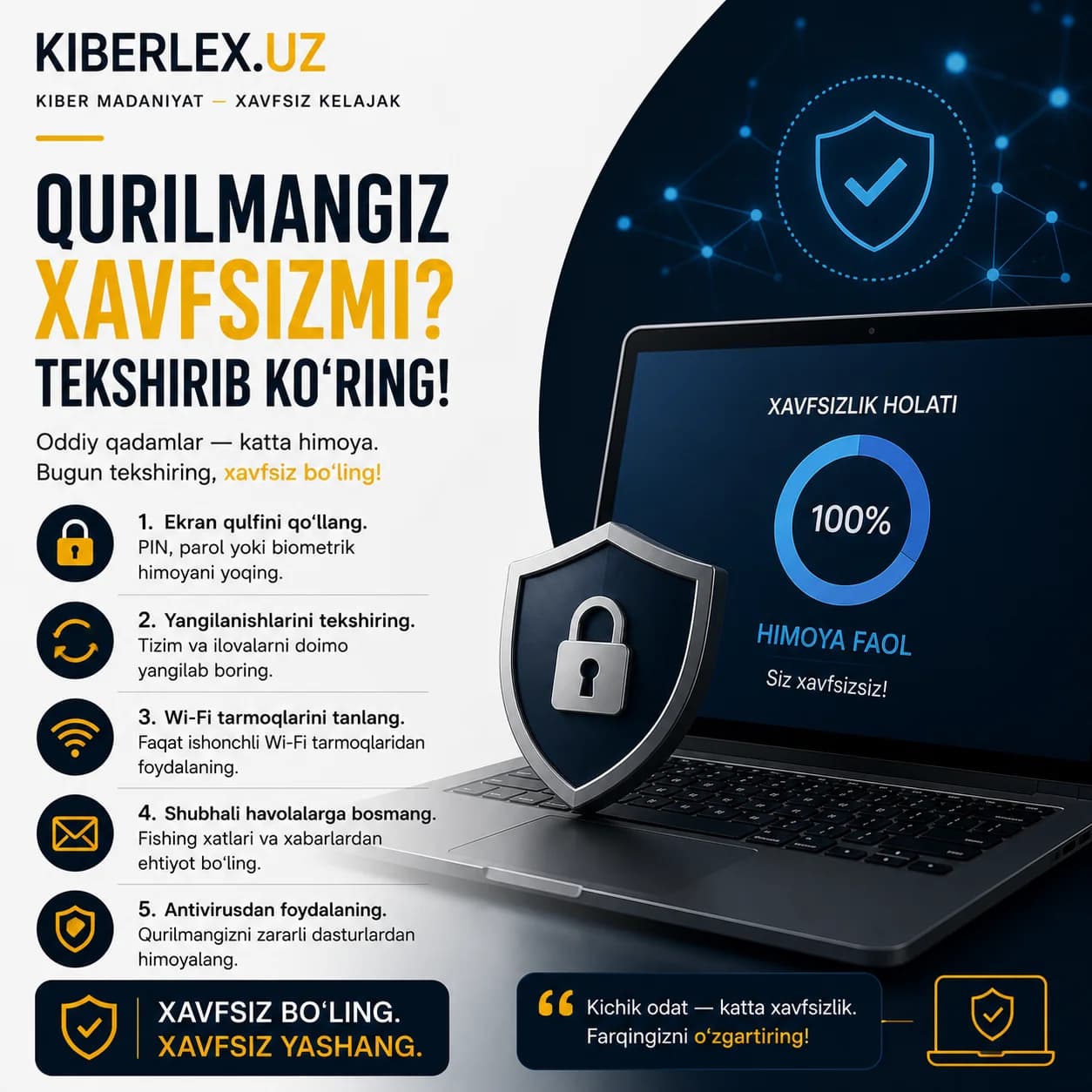 Ekran qulfidan tortib antivirusgacha — xavfsizlik bitta zanjir, bitta halqa uzilsa, hammasi buziladi.