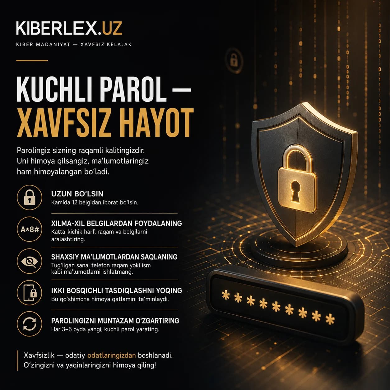 12 belgidan kam parol — qulfsiz eshikka o'xshaydi.