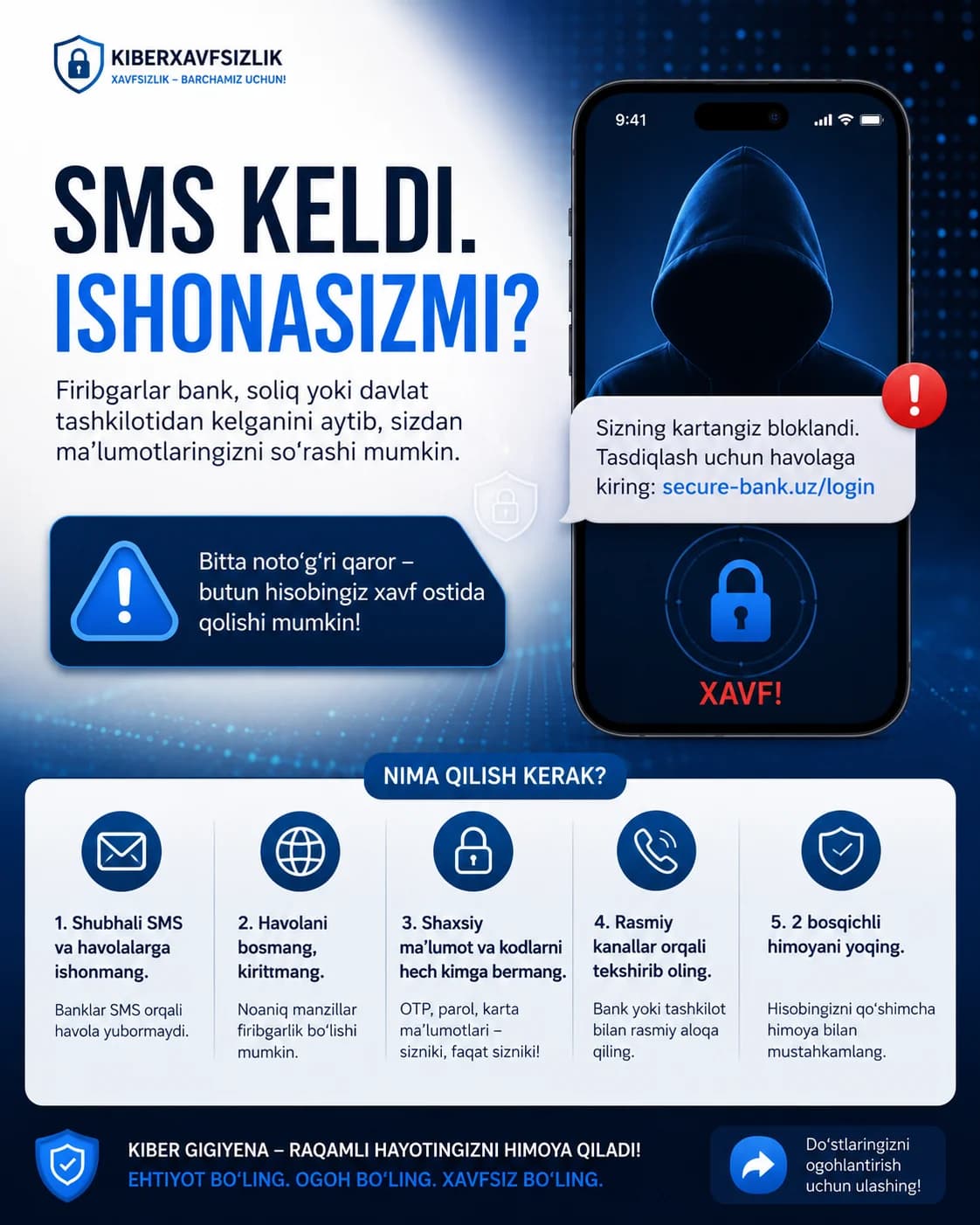 Shubhali havola kelsa — bosmang, qo'ng'iroq qiling. Ikki soniyalik tekshiruv, minglab so'mlik yo'qotishning oldini oladi