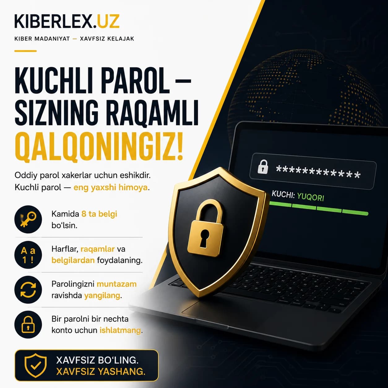 12 belgidan kam parol — qulfsiz eshik bilan bir xil.